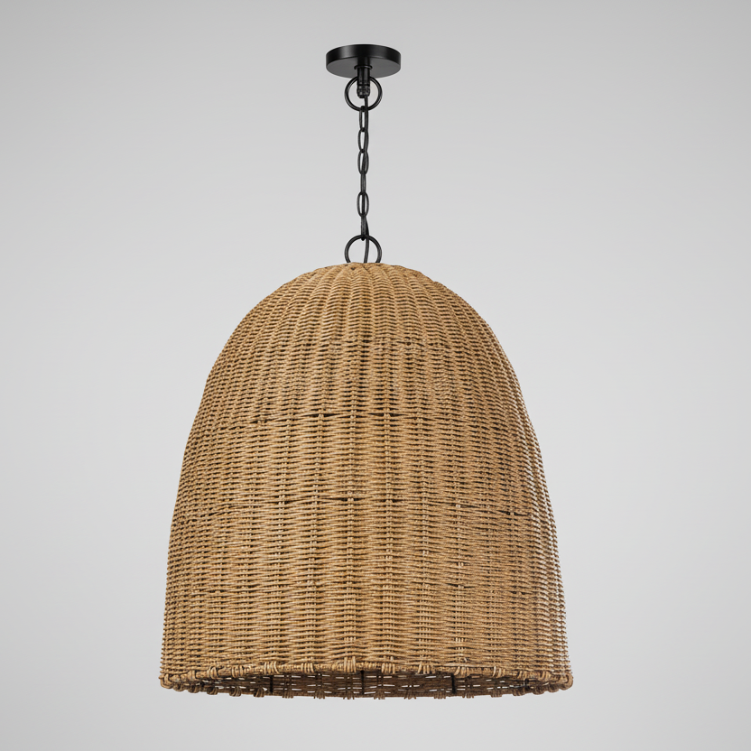 Large outdoor beehive pendant light with a dome-shaped, natural rattan-like woven shade and black chain.