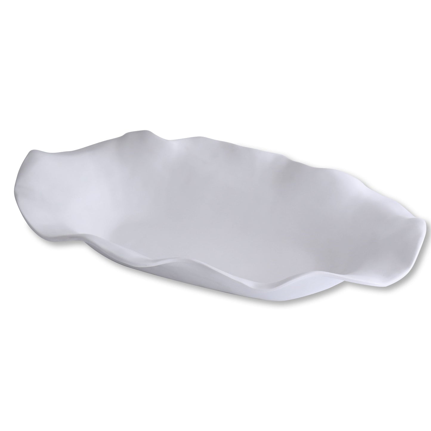 White luxury melamine oval centerpiece with sculptural, wavy edges.