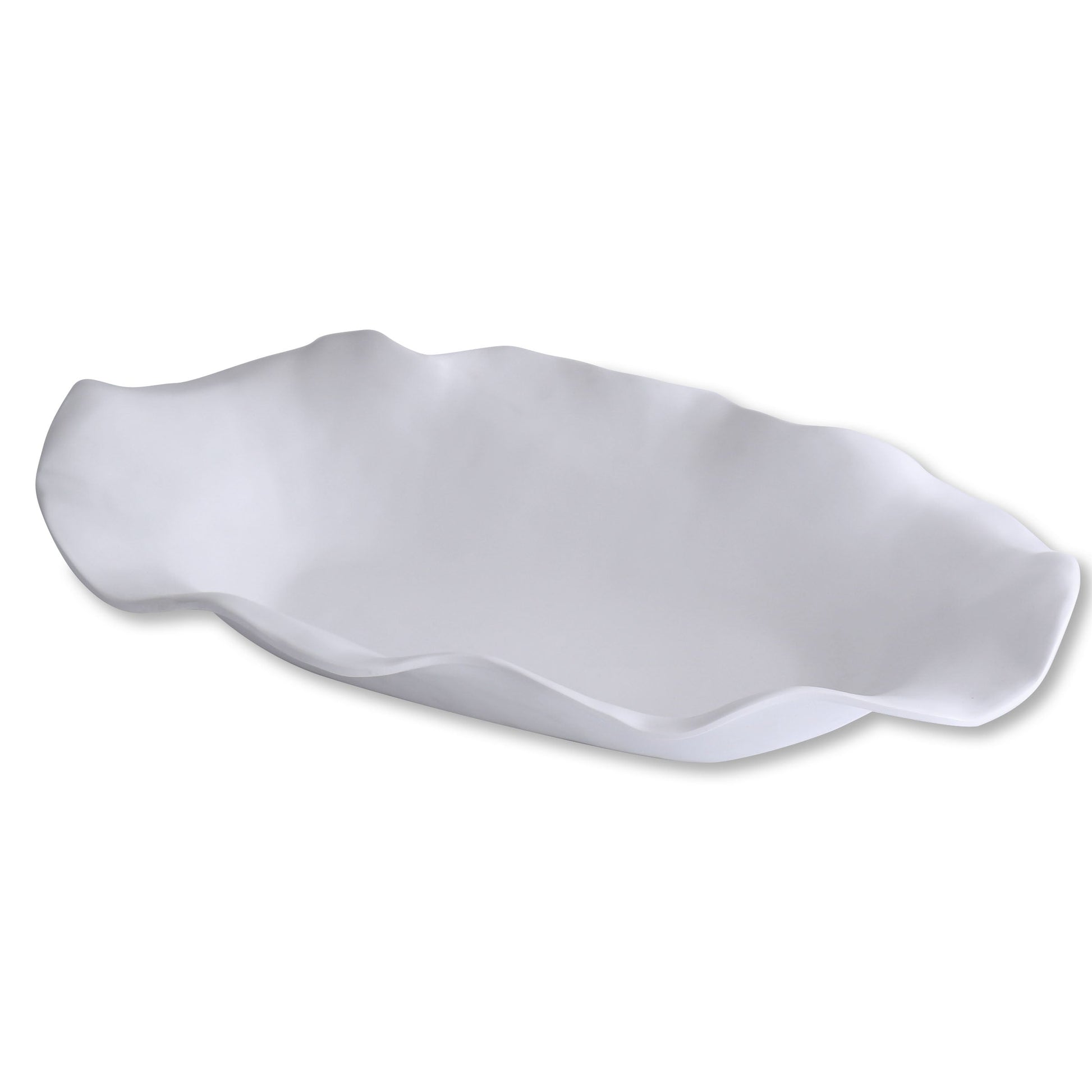 White luxury melamine oval centerpiece with sculptural, wavy edges.