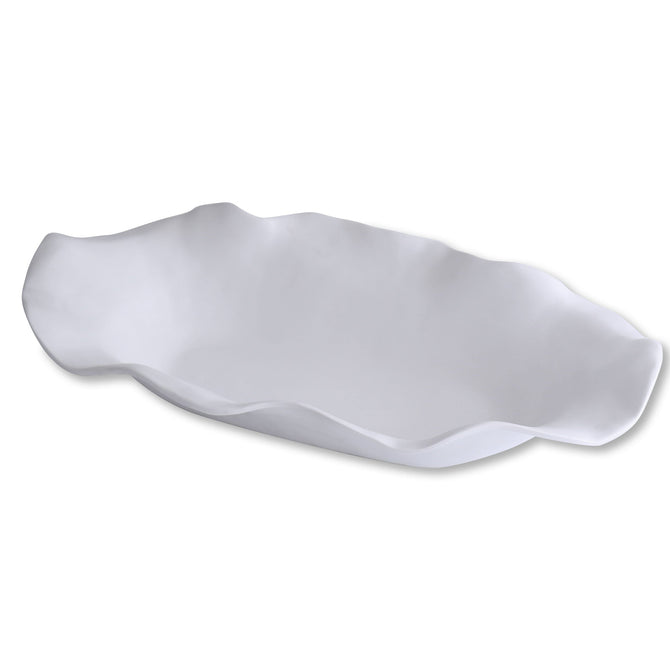 White luxury melamine oval centerpiece with sculptural, wavy edges.
