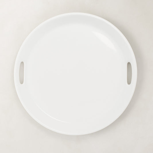 Creamy white ceramic round serving tray with integrated handles, 16.5" diameter.