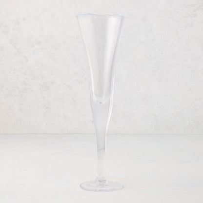 Clear, tall scissor-cut glass champagne flute with a rippled rim, 12 oz.