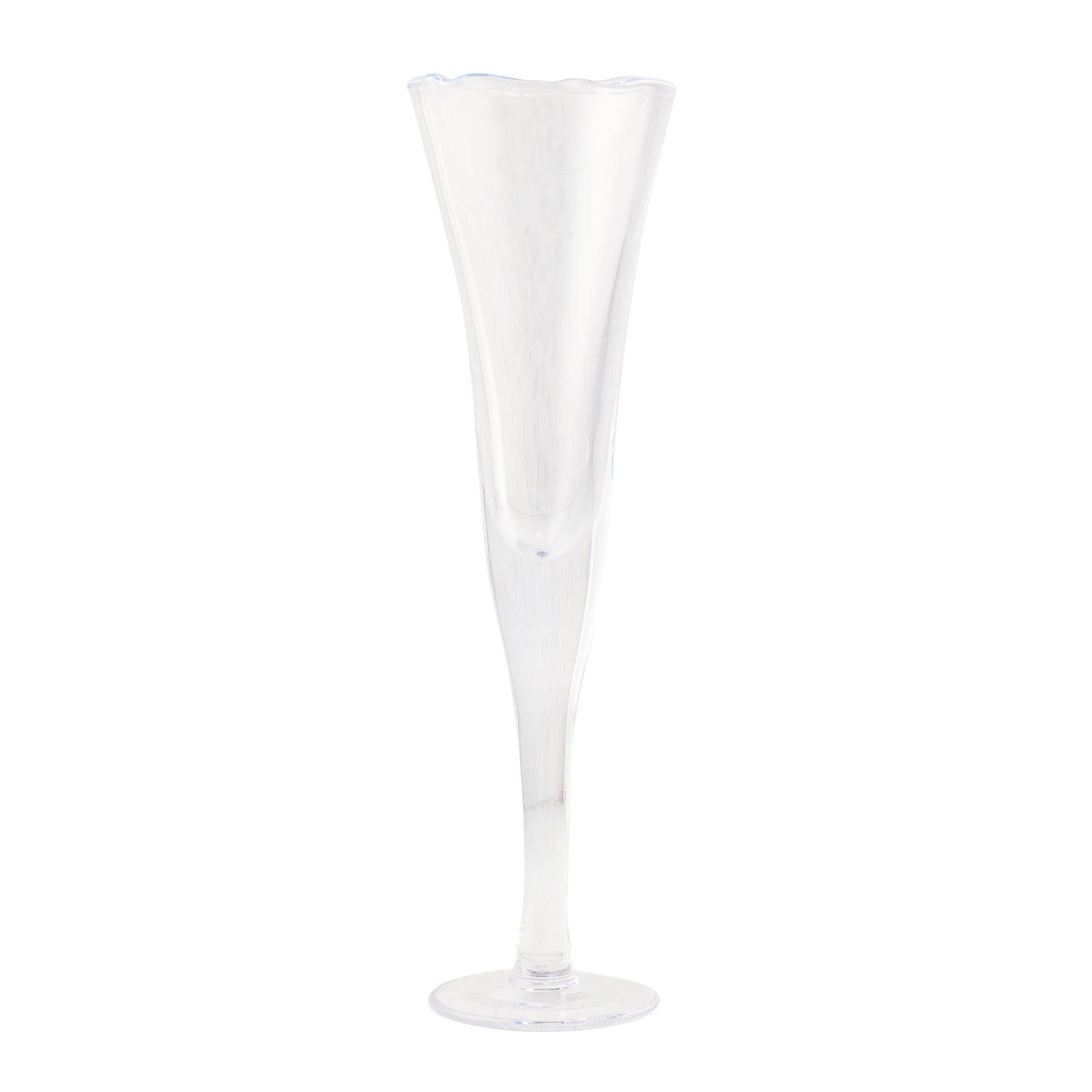 Clear, tall glass champagne flute with a unique rippled, scissor-cut rim and thick base.