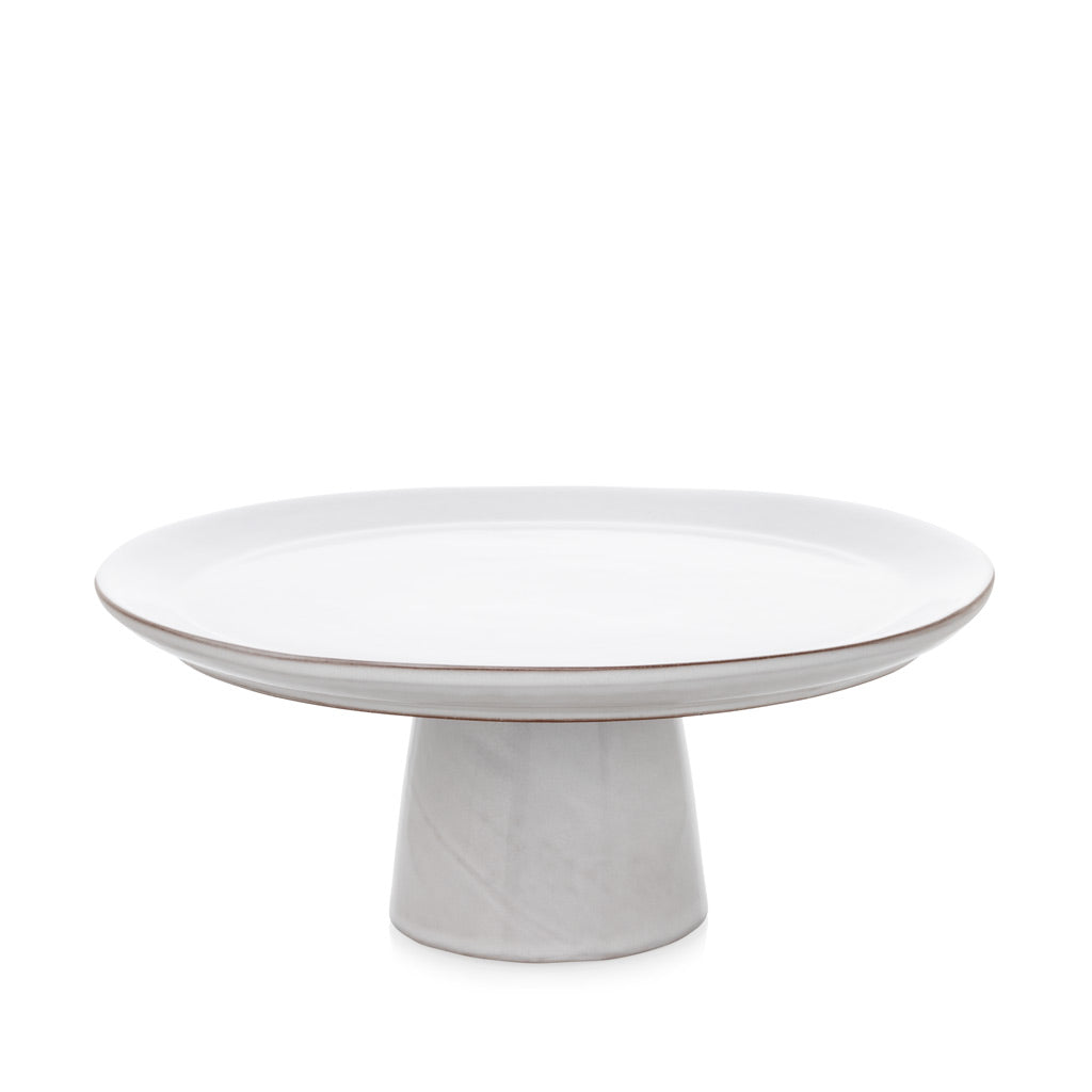 Large Stone Cake Stand, cool grey-white glazed terracotta, 10.75"Dia x 4.8"H.