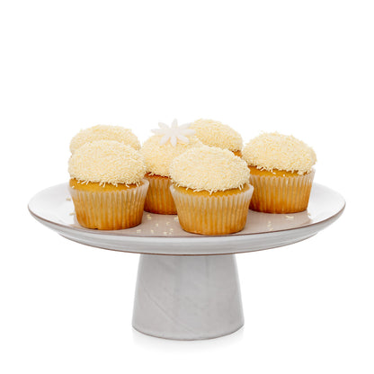 Large Stone Cake Stand, cool grey-white glazed terracotta, 10.75"Dia, with six cupcakes.