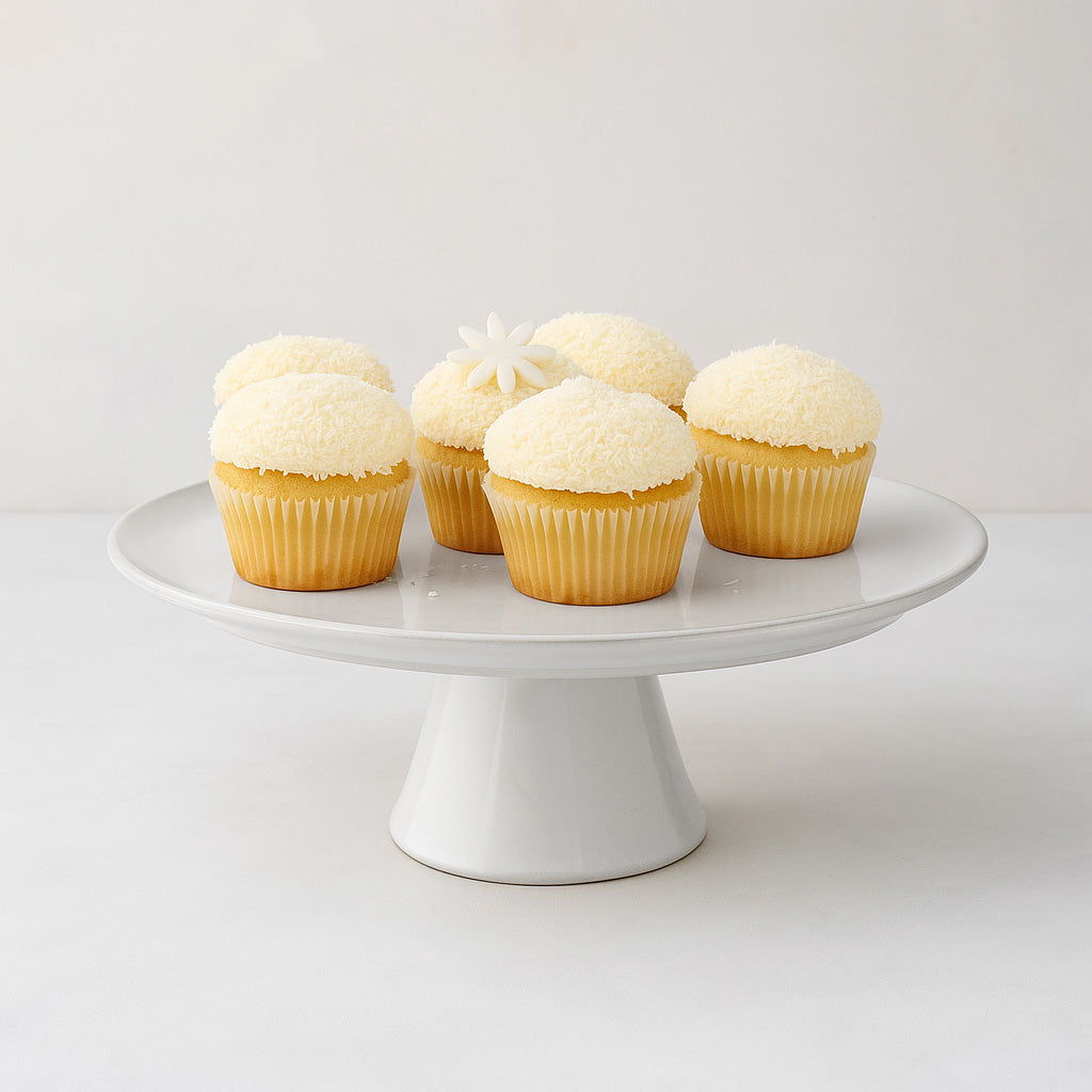 Cool grey-white glazed terracotta Large Stone Cake Stand, 10.75"Dia x 4.8"H, with cupcakes.