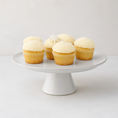 Cool grey-white glazed terracotta Large Stone Cake Stand, 10.75"Dia x 4.8"H, with cupcakes.
