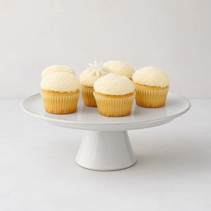 Cool grey-white glazed terracotta Large Stone Cake Stand, 10.75"Dia x 4.8"H, with cupcakes.
