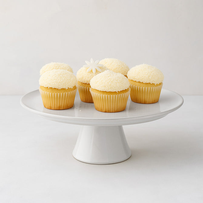 Cool grey-white glazed terracotta Large Stone Cake Stand, 10.75"Dia x 4.8"H, with cupcakes.