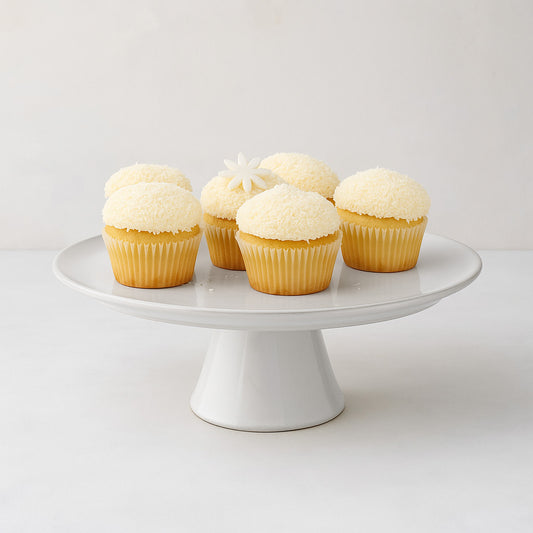 Cool grey-white glazed terracotta Large Stone Cake Stand, 10.75"Dia x 4.8"H, with cupcakes.