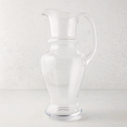 Clear, hand-blown Sutton Glass Pitcher with unique shape and handle, 13"H.