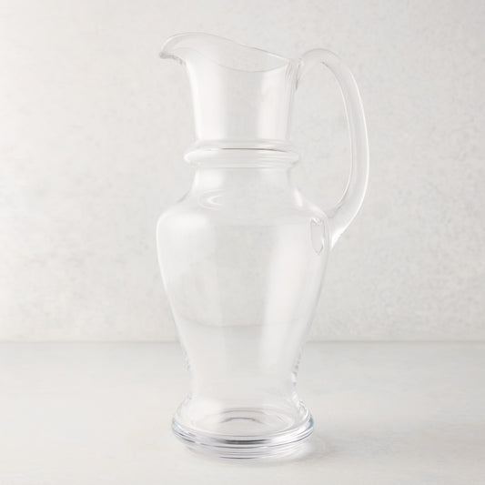 Clear, hand-blown Sutton Glass Pitcher with unique shape and handle, 13"H.