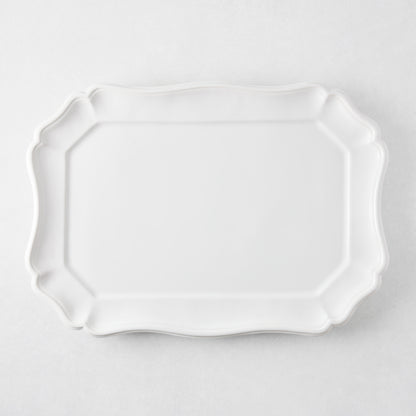 Large white ceramic rectangular serve platter with scalloped edges, 19 by 14 inches, made in Italy.