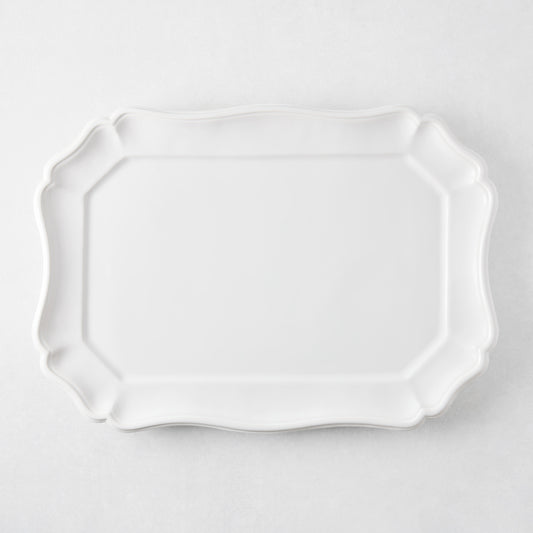 Large white ceramic rectangular serve platter with scalloped edges, 19 by 14 inches, made in Italy.