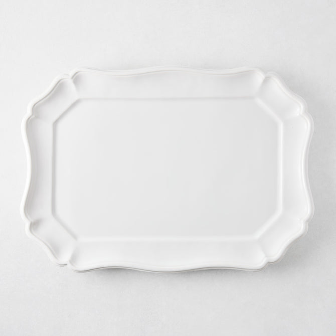 Large white ceramic rectangular serve platter with scalloped edges, 19 by 14 inches, made in Italy.