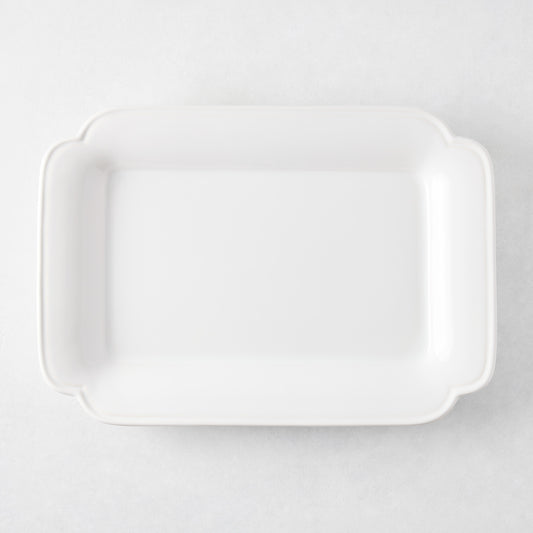 Large rectangular white ceramic serve platter with decorative edges, 15.74 by 11.22 inches, made in Italy.