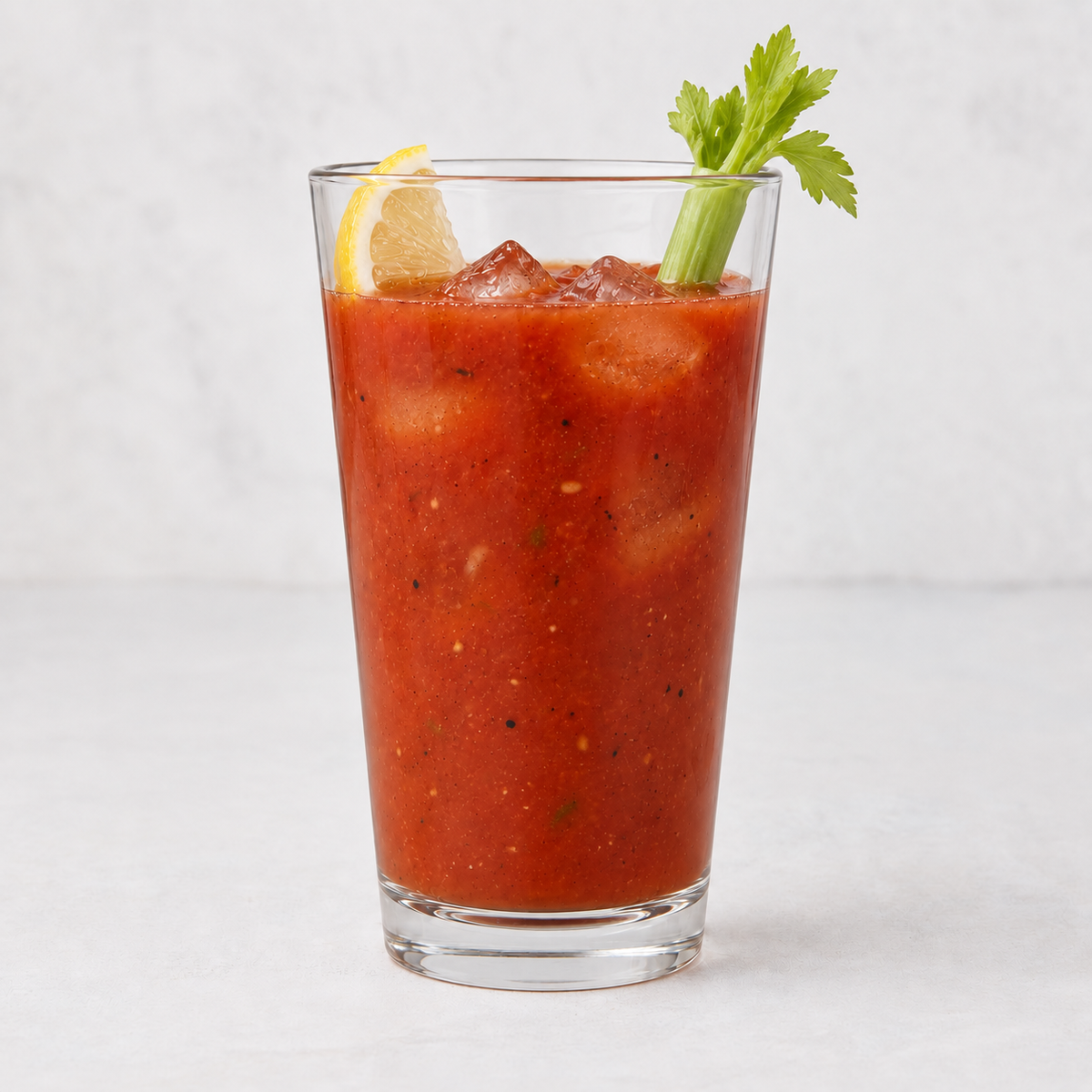 Clear, thick-walled 12oz glass filled with a Bloody Mary, garnished with a lemon wedge and celery stalk.