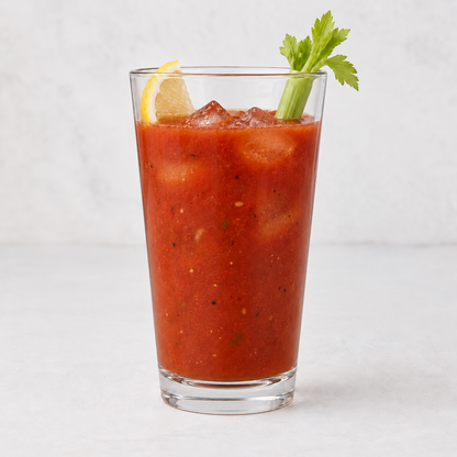 Clear, thick-walled 12oz glass filled with a Bloody Mary, garnished with a lemon wedge and celery stalk.
