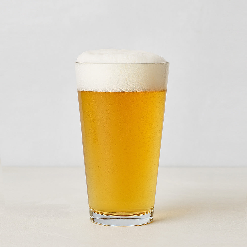 Clear, thick-walled Hudson Grace glass filled with golden beer and white foam.