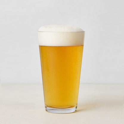 Clear, thick-walled Hudson Grace glass filled with golden beer and white foam.