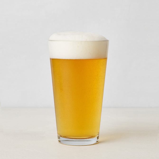 Clear, thick-walled Hudson Grace glass filled with golden beer and white foam.
