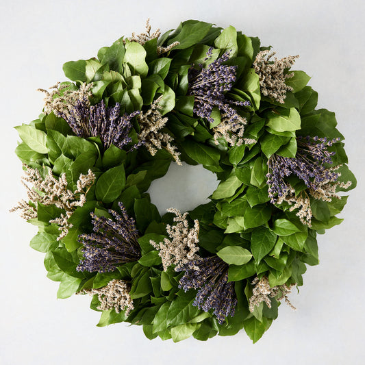Green privet leaves wreath with bundles of purple lavender and dried white flowers.