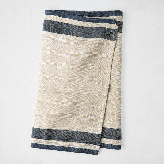 Lexington Blue Stripe Border Table Runner, natural linen-cotton blend with blue stripes.