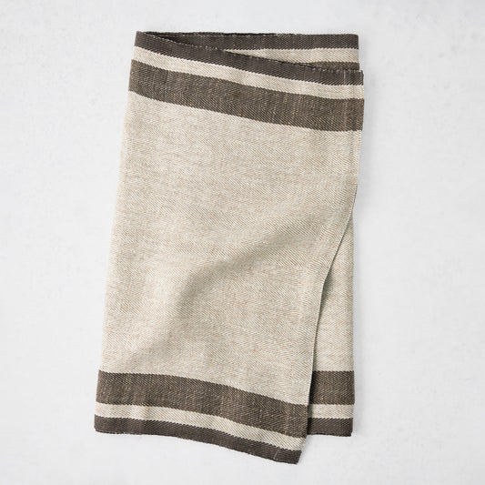 Lexington Chocolate Brown Stripe Border Table Runner, folded, 90% linen, 10% cotton.