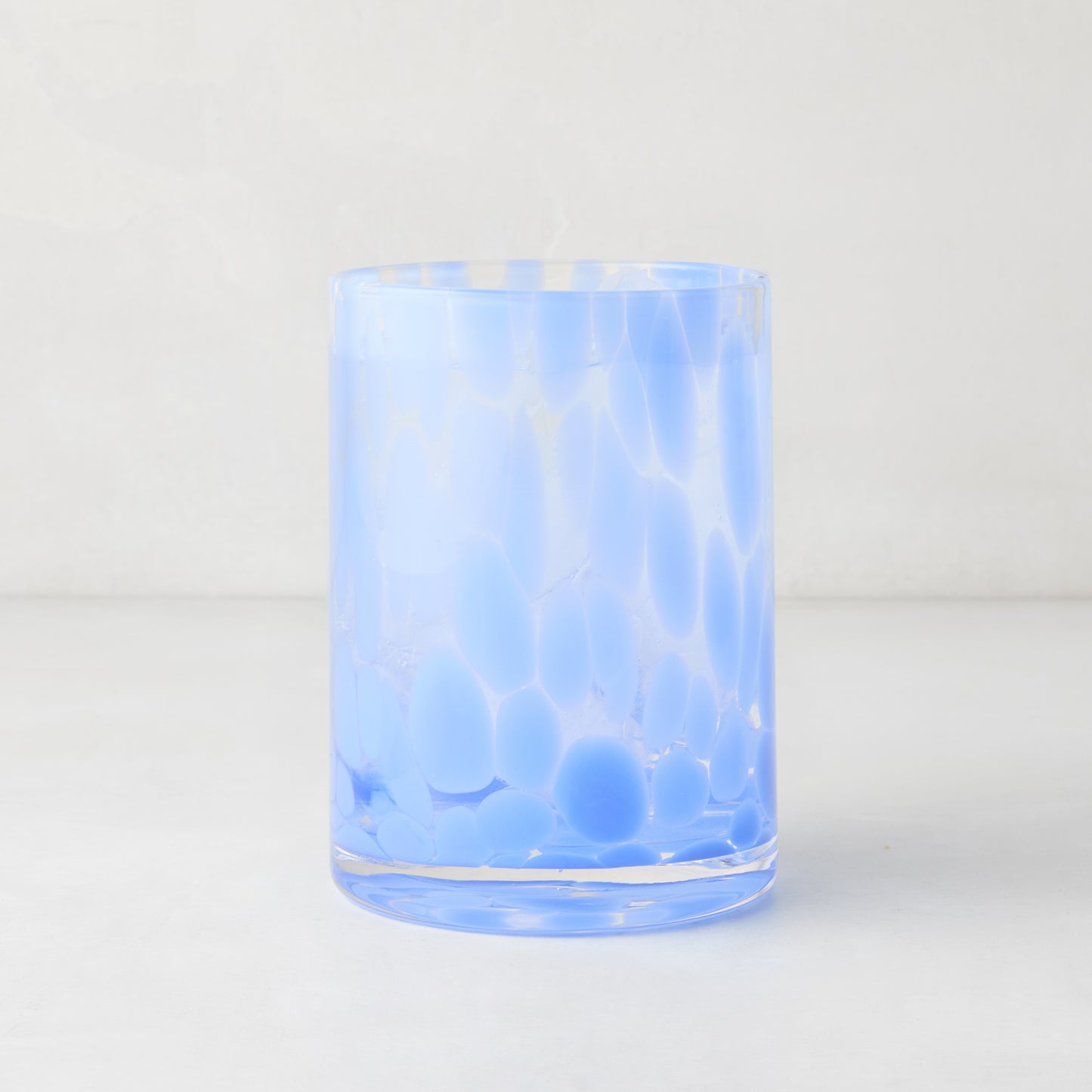 Light blue spotted double old fashioned glass, 12oz, clear glass with bright blue spots.