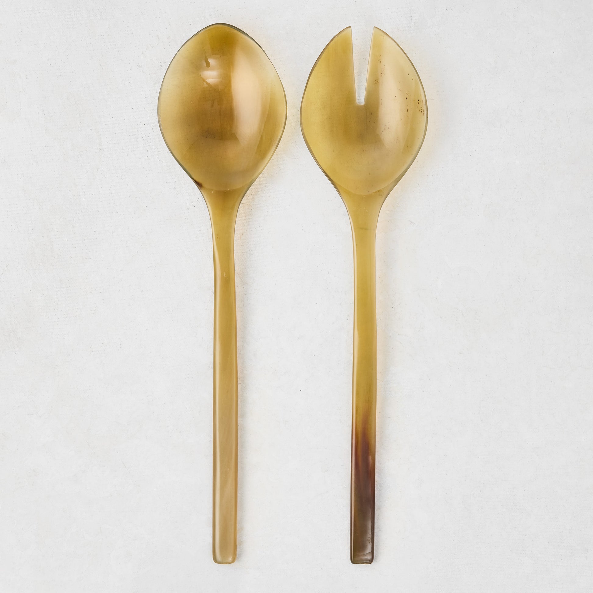 Thin salad server set, 11.25"L, made of natural light brown water buffalo horn, one spoon, one fork.