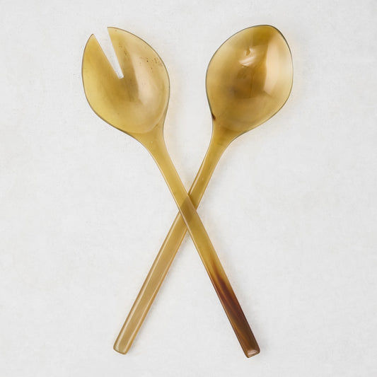 Light Horn Thin Salad Server Set, 11.25"L, natural water buffalo horn, one slotted, one solid.