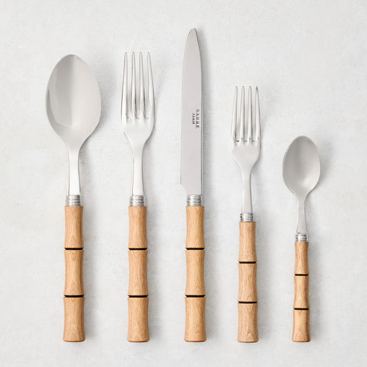 Light Press Wood Bamboo 5-piece flatware set with natural wood handles and 18/10 stainless steel.