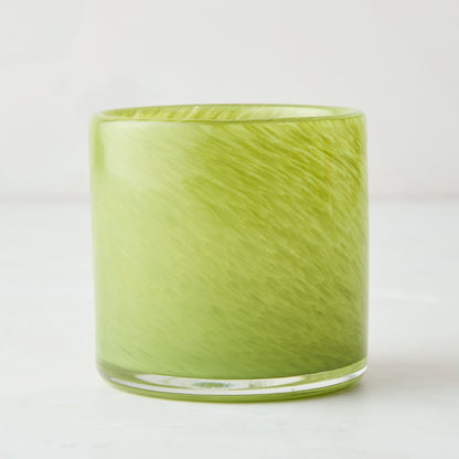 Lime green mouth-blown glass votive candle holder with swirled texture, 2.75"Dia x 2.75"H.