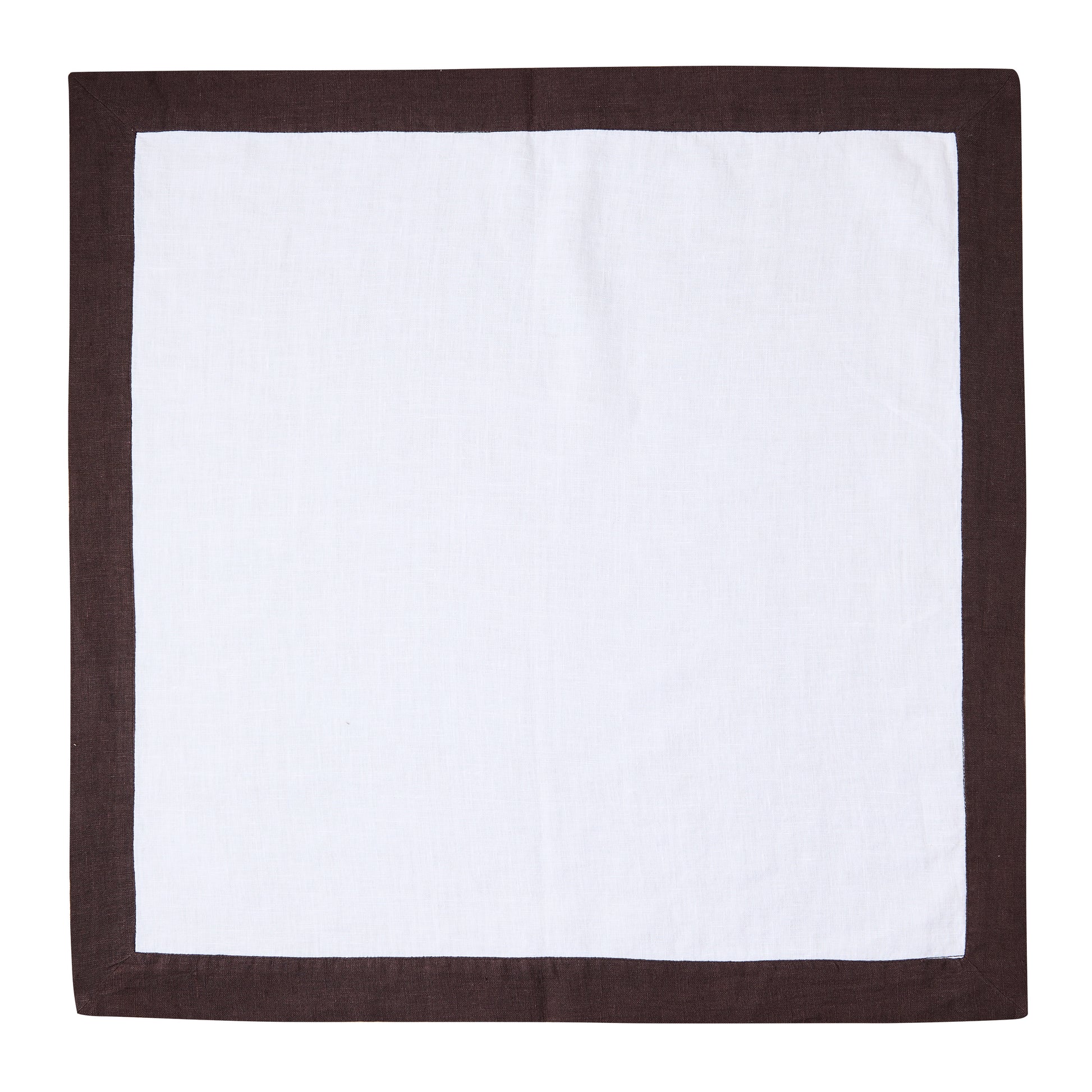 White linen napkin with a cocoa brown border, 22x22 inches.