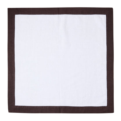 White linen napkin with a cocoa brown border, 22x22 inches.