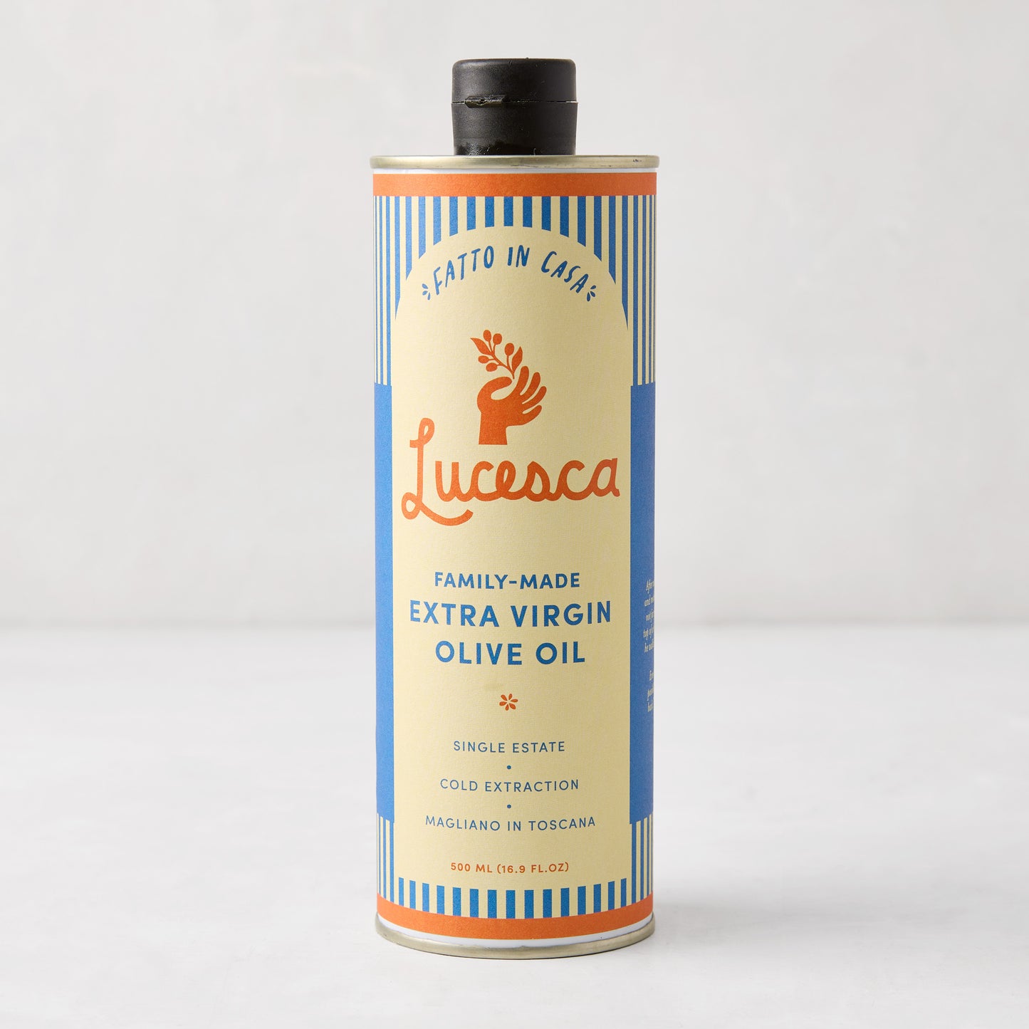 Lucesca Extra Virgin Olive Oil in a 16.9oz tin with blue stripes, cream label, and black cap.
