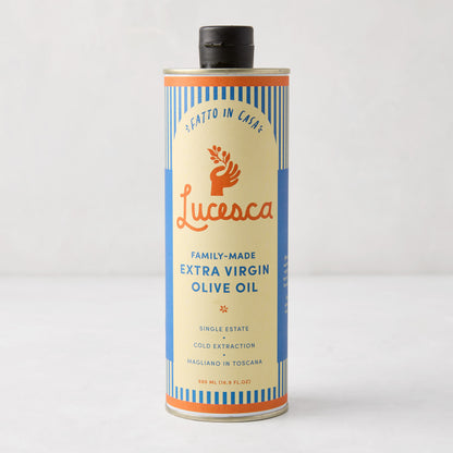 Lucesca Extra Virgin Olive Oil in a 16.9oz tin with blue stripes, cream label, and black cap.