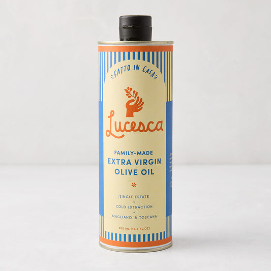 Lucesca Extra Virgin Olive Oil in a 16.9oz tin with blue stripes, cream label, and black cap.