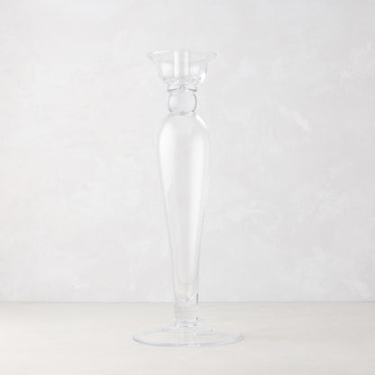Clear, tall Lumière Glass Single Candlestick with sleek edges, 16"H.
