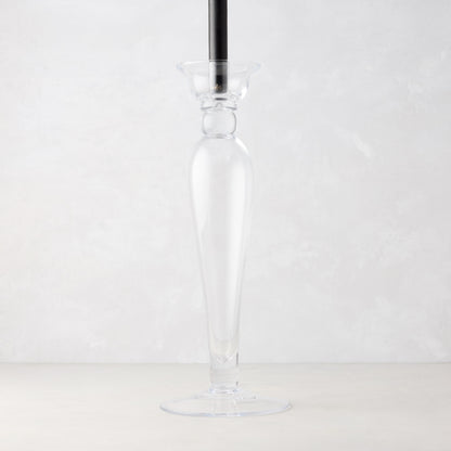 Lumière Glass Single Candlestick, 16"H, clear glass with a black taper candle.