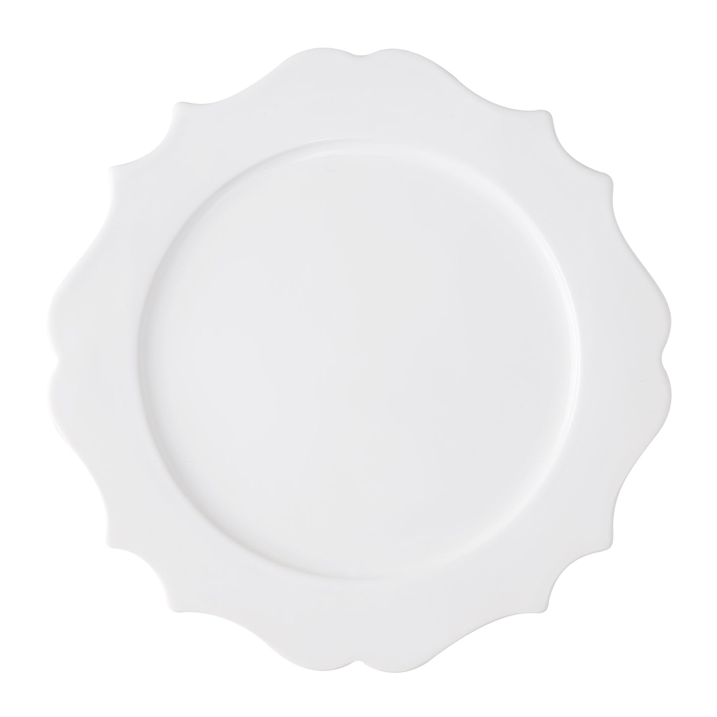 Lungarno 11" white ceramic dinner plate with sculptural, scalloped edge.