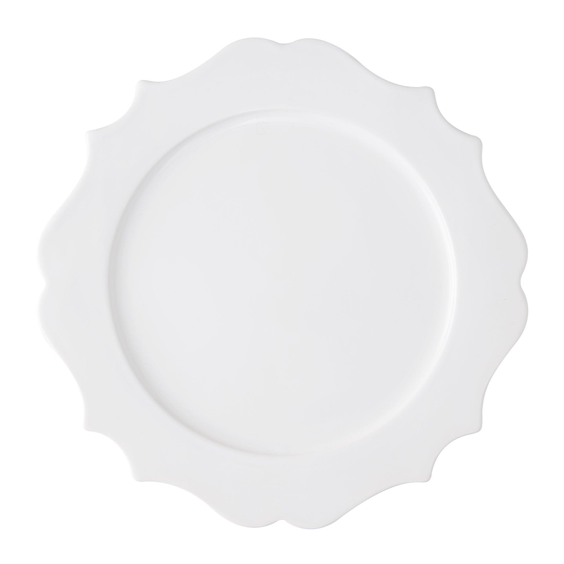 Lungarno 11" white ceramic dinner plate with sculptural, scalloped edge.