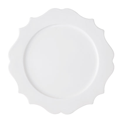 Lungarno 11" white ceramic dinner plate with sculptural, scalloped edge.