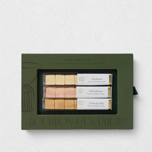Green Luxe Bourbon Cocktail Mixer Cube Trio box with three rows of light-colored cocktail cubes.