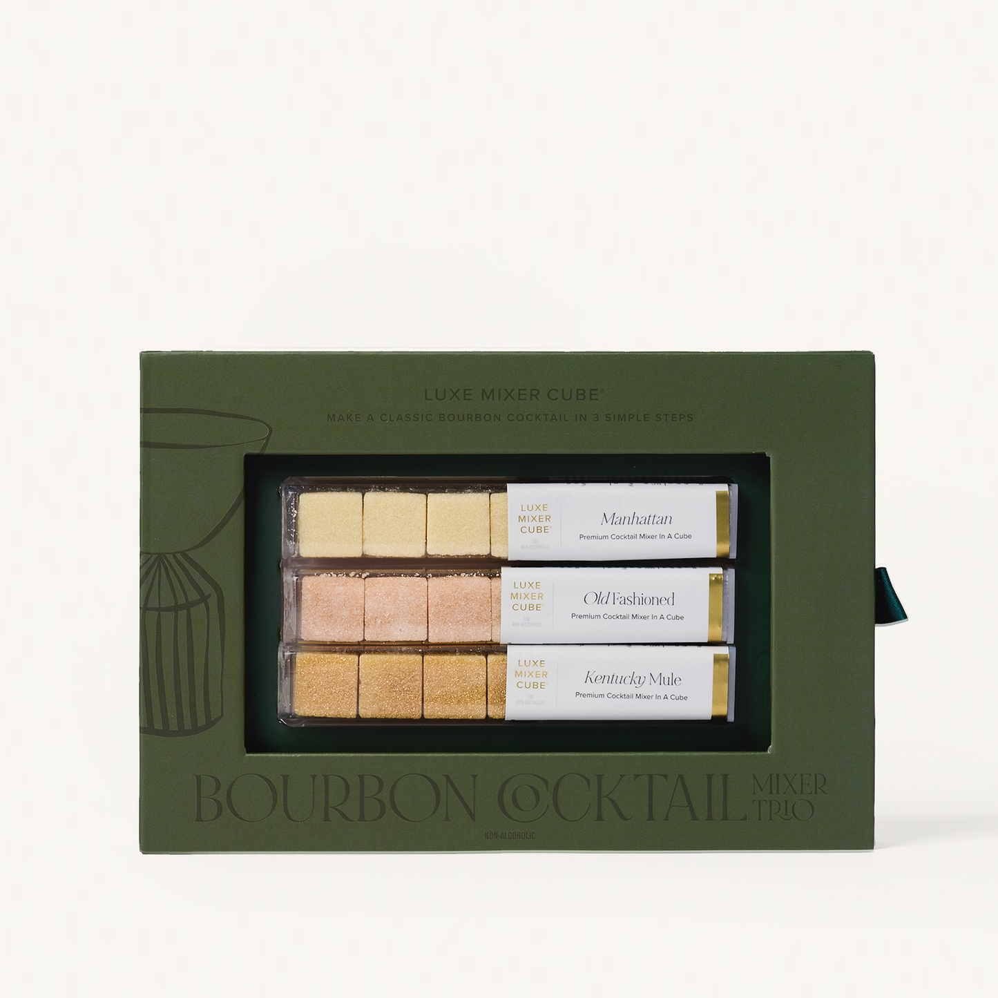 Green Luxe Bourbon Cocktail Mixer Cube Trio box with three rows of light-colored cocktail cubes.