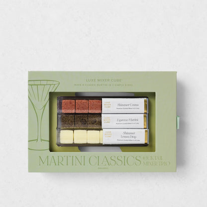 Luxe Martini Classics Mixer Cube Trio box with Espresso, Lemon Drop, and Cosmo shimmer cubes.