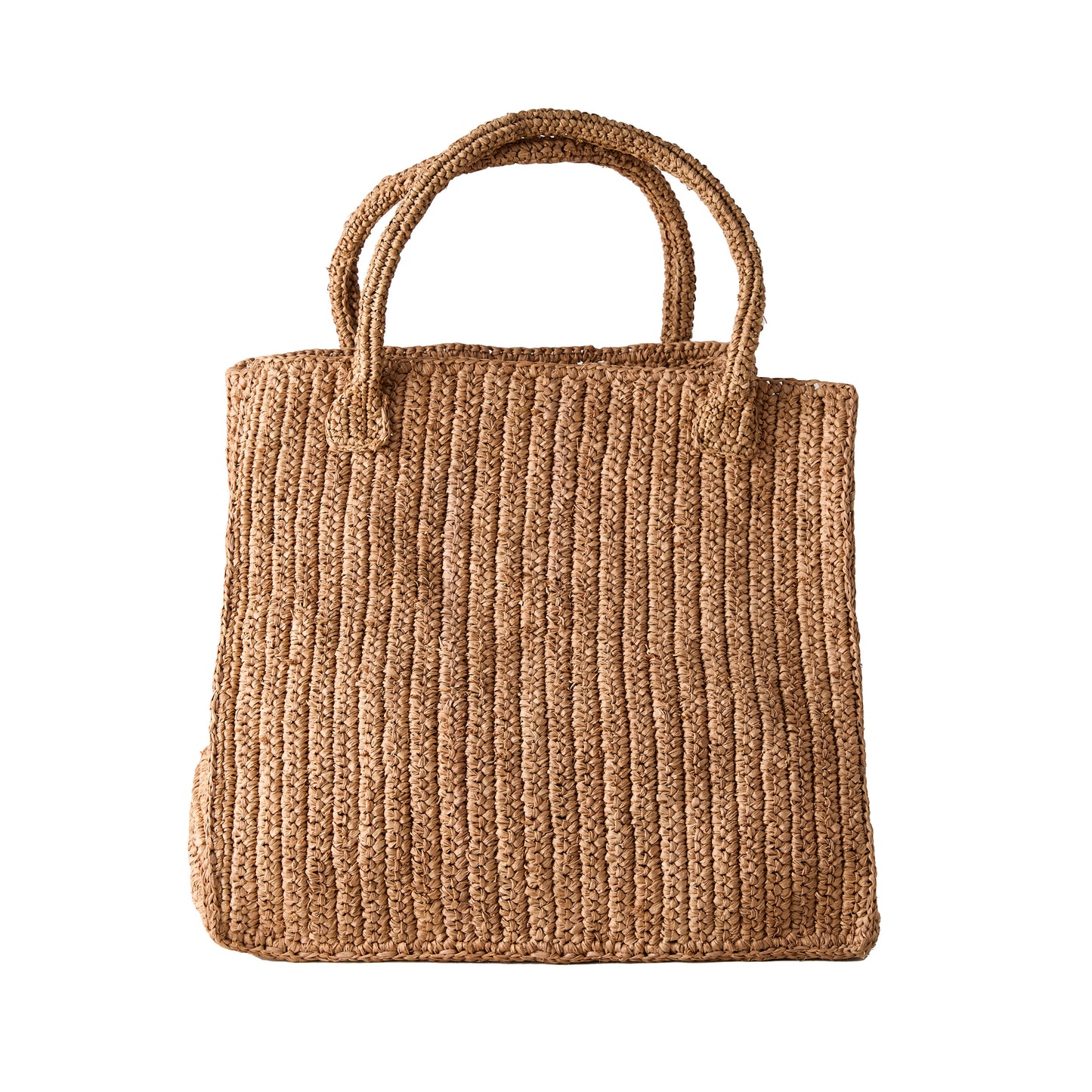 Madagascar Packable Raffia Tote Bag, handcrafted, crocheted, sun-dyed tea color, with two top handles.