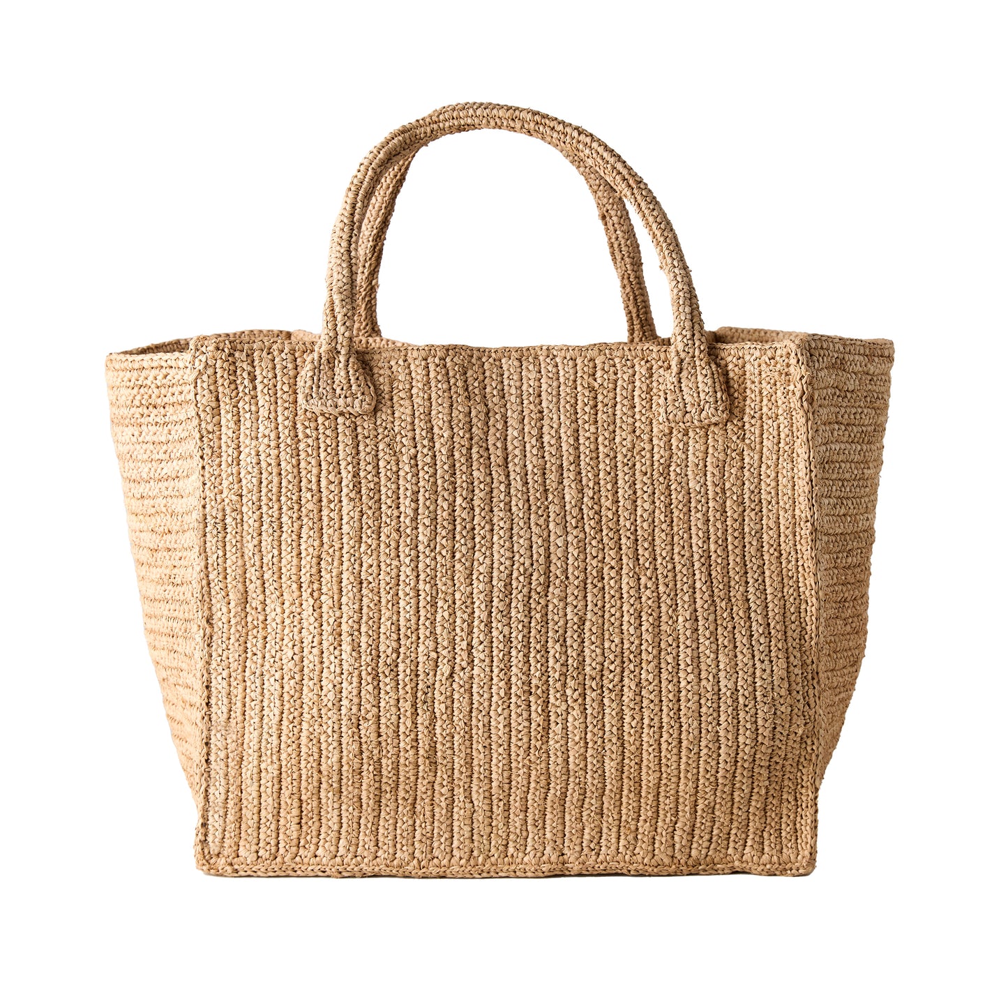 Madagascar Packable Raffia Tote Bag, natural tea-dyed, crocheted texture, with two handles.