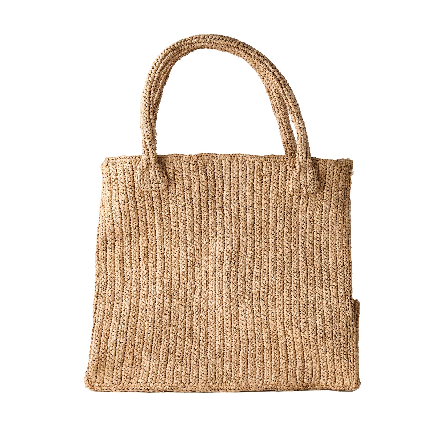 Madagascar Packable Raffia Tote Bag, natural sun-dyed crocheted raffia, with two woven handles.