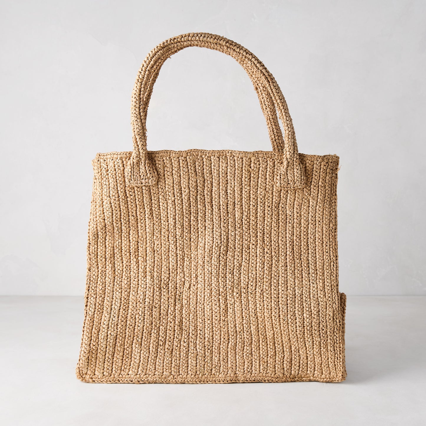 Madagascar Packable Raffia Tote Bag, natural tea-dyed, handcrafted crocheted raffia, 11.5"W x 14"L x 12"H.